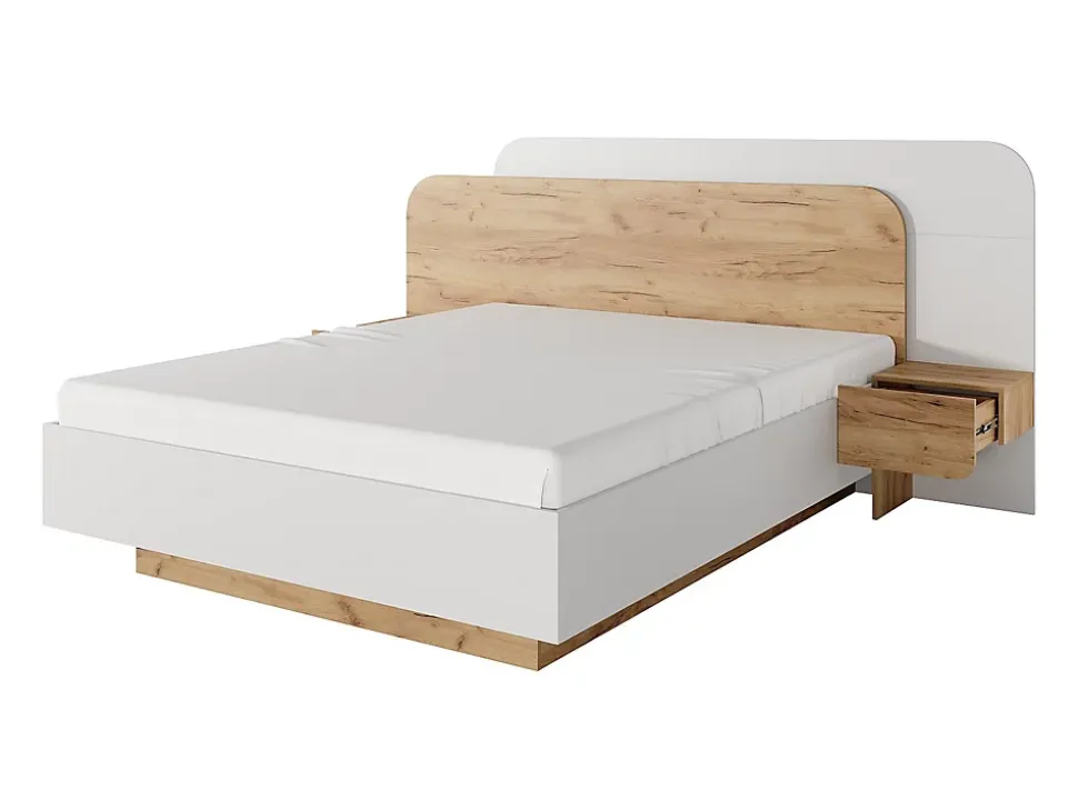 Lit avec chevets 160 x 200 cm - Avec LEDs - Coloris : Naturel et blanc + Sommier + Matelas - DESADO