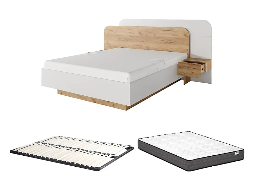 Lit avec chevets 160 x 200 cm - Avec LEDs - Coloris : Naturel et blanc + Sommier + Matelas - DESADO