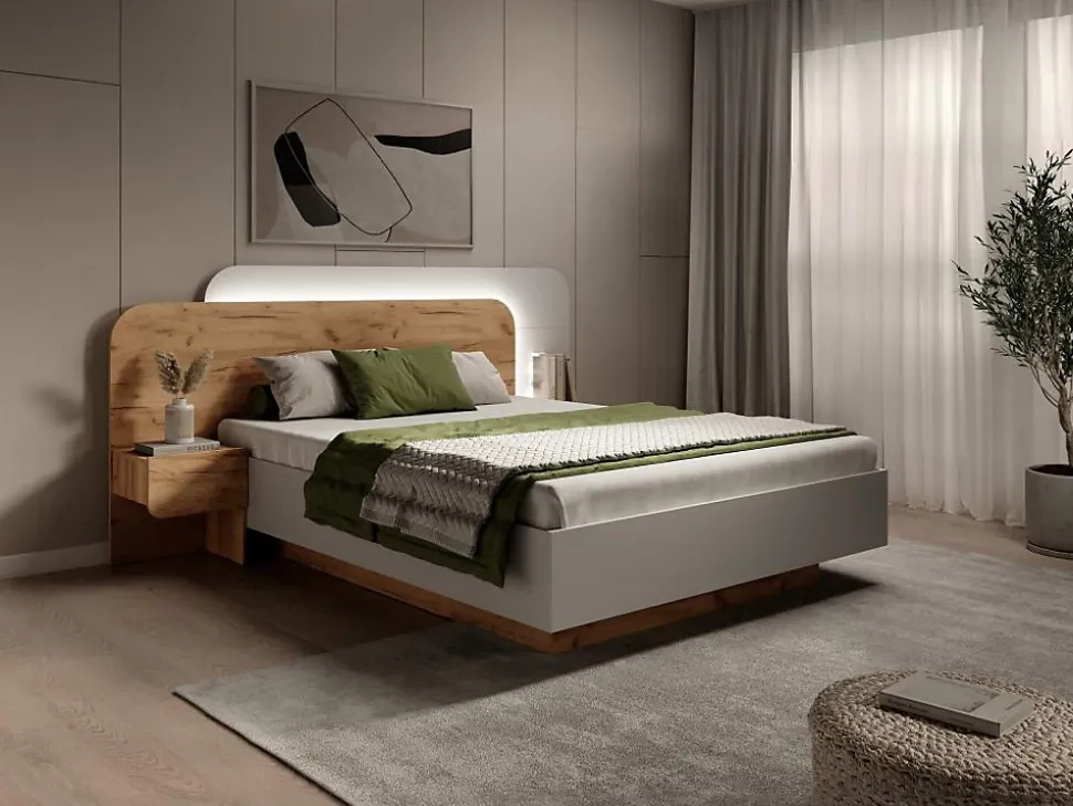 Lit avec chevets 160 x 200 cm - Avec LEDs - Coloris : Naturel et blanc - DESADO