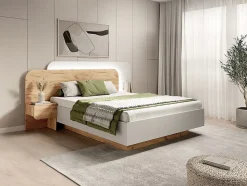 Lit avec chevets 160 x 200 cm - Avec LEDs - Coloris : Naturel et blanc - DESADO