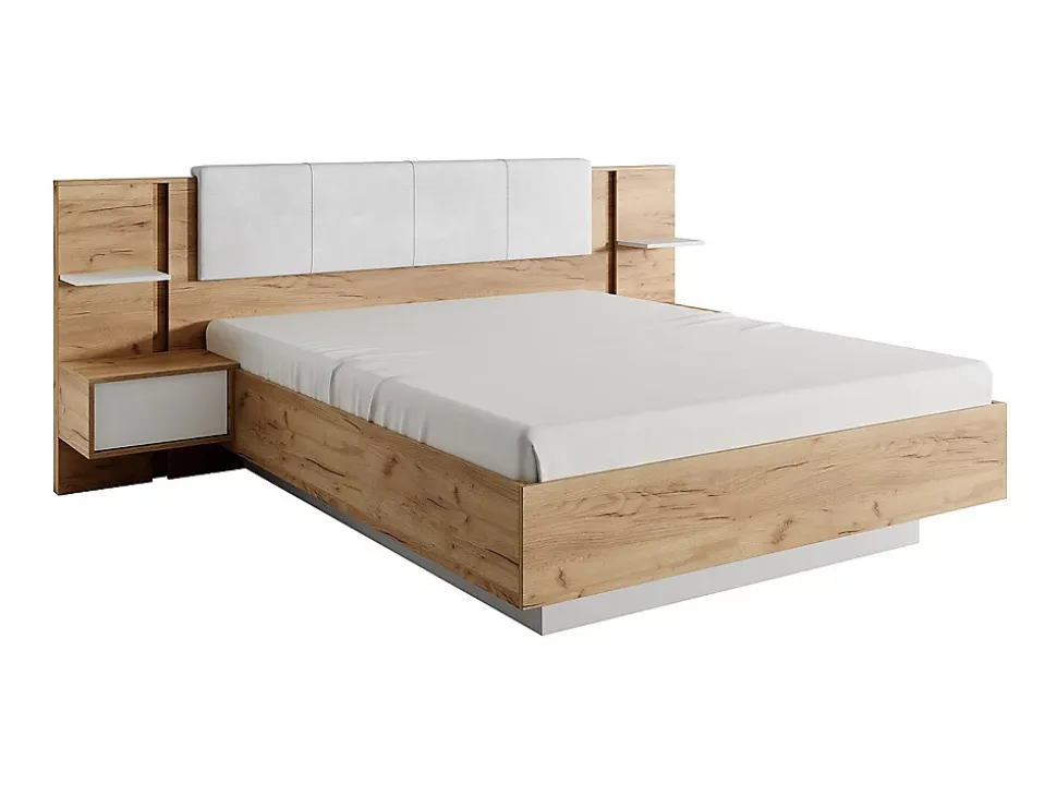 Lit avec chevets 160 x 200 cm - Avec LEDs - Coloris : Naturel et blanc + Sommier + Matelas - ELYNIA