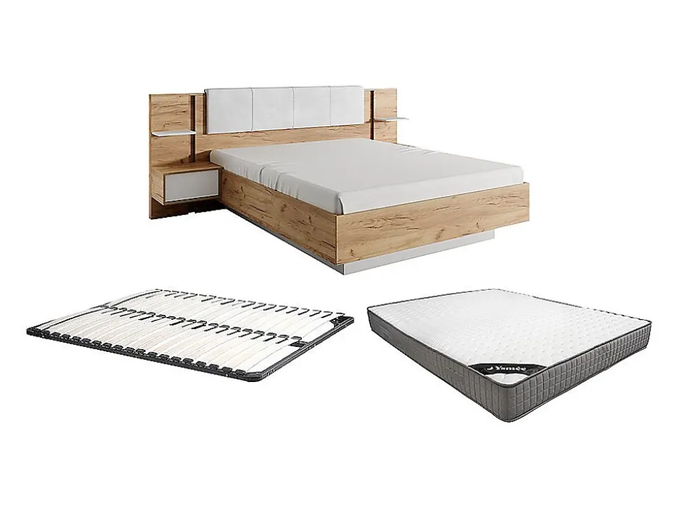 Lit avec chevets 160 x 200 cm - Avec LEDs - Coloris : Naturel et blanc + Sommier + Matelas - ELYNIA