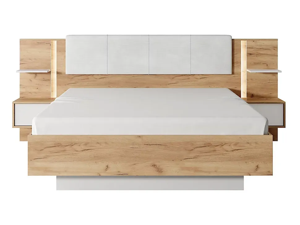 Lit avec chevets 160 x 200 cm - Avec LEDs - Coloris : Naturel et blanc + Sommier + Matelas - ELYNIA