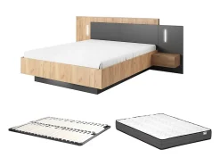 Lit avec chevets 140 x 190 cm - 2 tiroirs - Avec LEDs - Coloris : Naturel et anthracite + Sommier + Matelas - FRANCOLI