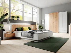 Lit avec chevets 160 x 200 cm - 2 tiroirs - Avec LEDs - Coloris : Blanc et naturel - FRANCOLI