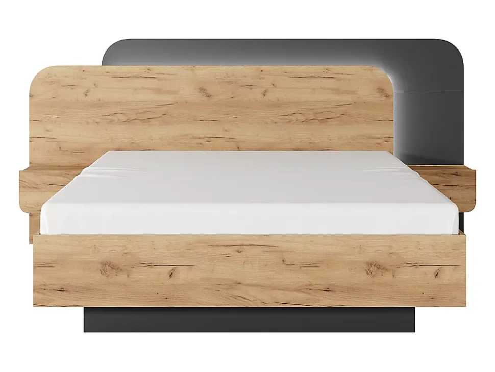 Lit avec chevets 160 x 200 cm - Avec LEDs - Coloris : Naturel et anthracite + Sommier + Matelas - DESADO