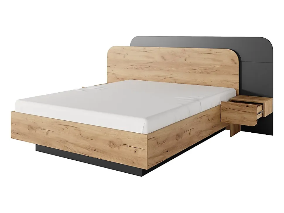 Lit avec chevets 160 x 200 cm - Avec LEDs - Coloris : Naturel et anthracite + Sommier + Matelas - DESADO