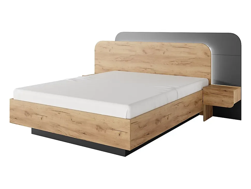 Lit avec chevets 160 x 200 cm - Avec LEDs - Coloris : Naturel et anthracite + Sommier + Matelas - DESADO
