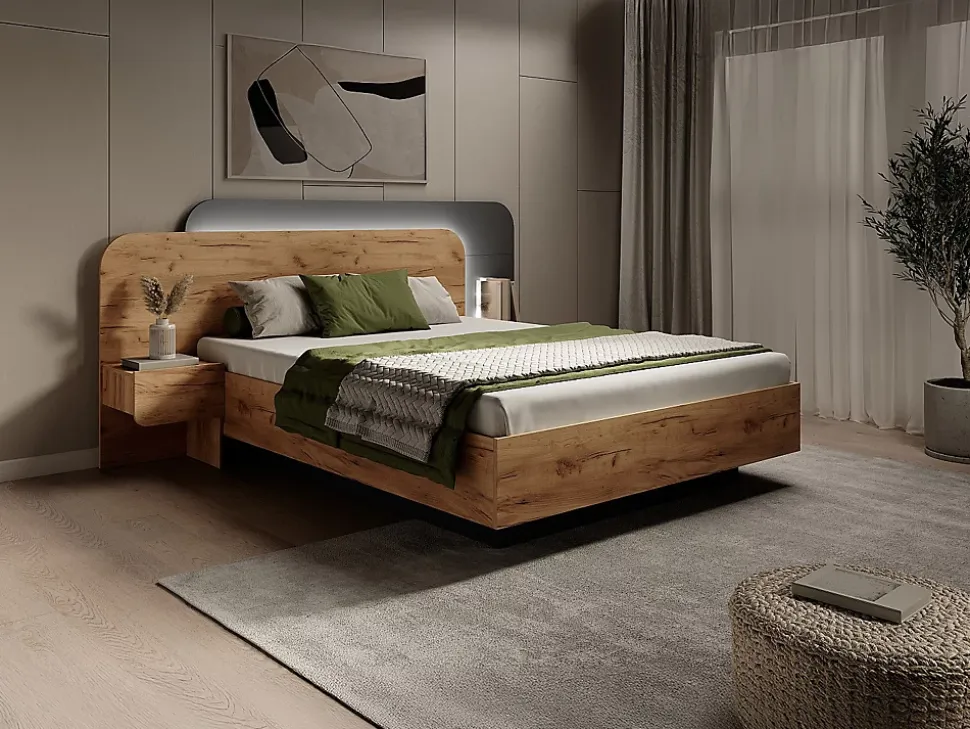 Lit avec chevets 160 x 200 cm - Avec LEDs - Coloris : Naturel et anthracite + Sommier + Matelas - DESADO