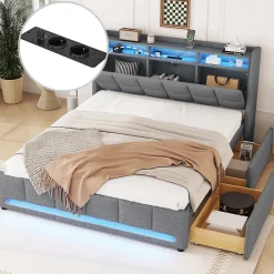 Lit avec rangement 140 x 200 cm - Lit Double avec 2 Tiroirs et Prise USB - Lin - Sans Matelas - Gris