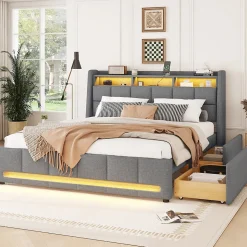 Lit avec rangement 140 x 200 cm - Lit Double avec 2 Tiroirs et Prise USB - Lin - Sans Matelas - Gris