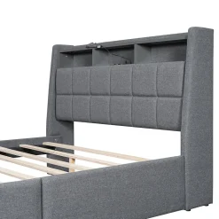 Lit avec rangement 140 x 200 cm - Lit Double avec 2 Tiroirs et Prise USB - Lin - Sans Matelas - Gris