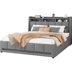 Lit avec rangement 140 x 200 cm - Lit Double avec 2 Tiroirs et Prise USB - Lin - Sans Matelas - Gris