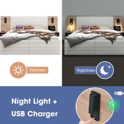 Lit avec rangement 180 x 200 cm - Lit Double avec Lampes et USB - Bois MDF - Sans Matelas - Blanc Chêne