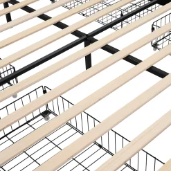 Lit avec rangement 180 x 200 cm - Lit Double avec Ports USB et LED - Lin Bois Métal - Sans Matelas - Beige