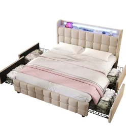 Lit avec rangement 180 x 200 cm - Lit Double avec Ports USB et LED - Lin Bois Métal - Sans Matelas - Beige