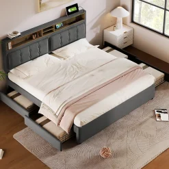 Lit avec rangement 160 x 200 cm - Lit avec 4 tiroirs et tête de lit avec prise USB-C - Lin + Bois massif - Sans Matelas - Gris