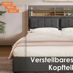 Lit avec rangement 160 x 200 cm - Lit avec 4 tiroirs et tête de lit avec prise USB-C - Lin + Bois massif - Sans Matelas - Gris