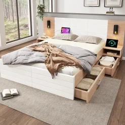 Lit avec rangement 160 x 200 cm - Lit Double avec Lampes et USB - Bois MDF - Sans Matelas - Blanc Chêne