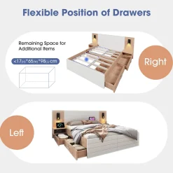 Lit avec rangement 160 x 200 cm - Lit Double avec Lampes et USB - Bois MDF - Sans Matelas - Blanc Chêne