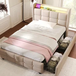 Lit avec rangement 90 x 200 cm - Lit Simple avec Tiroirs et LED - Lin Bois Métal - Sans Matelas - Beige