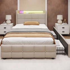 Lit avec rangement 90 x 200 cm - Lit Simple avec Tiroirs et LED - Lin Bois Métal - Sans Matelas - Beige