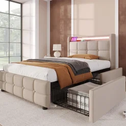 Lit avec rangement 90 x 200 cm - Lit Simple avec Tiroirs et LED - Lin Bois Métal - Sans Matelas - Beige