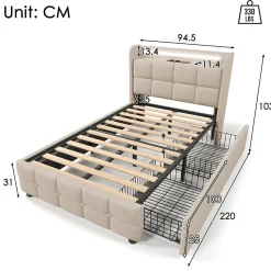 Lit avec rangement 90 x 200 cm - Lit Simple avec Tiroirs et LED - Lin Bois Métal - Sans Matelas - Beige