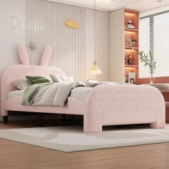 Lit avec rangement 90 x 200 cm - Lit Simple avec 2 Tiroirs - Peluche + MDF - Sans Matelas - Rose