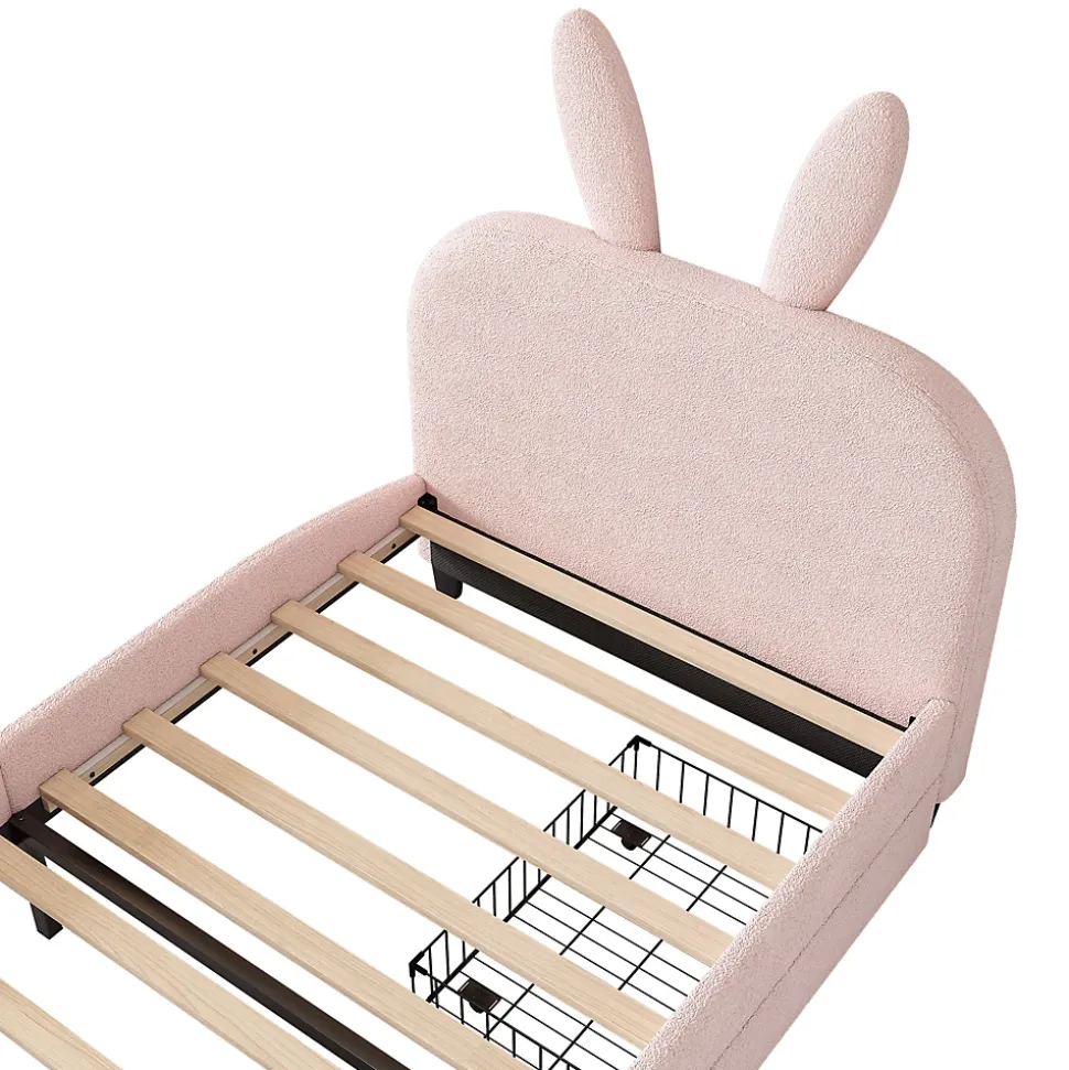 Lit avec rangement 90 x 200 cm - Lit Simple avec 2 Tiroirs - Peluche + MDF - Sans Matelas - Rose