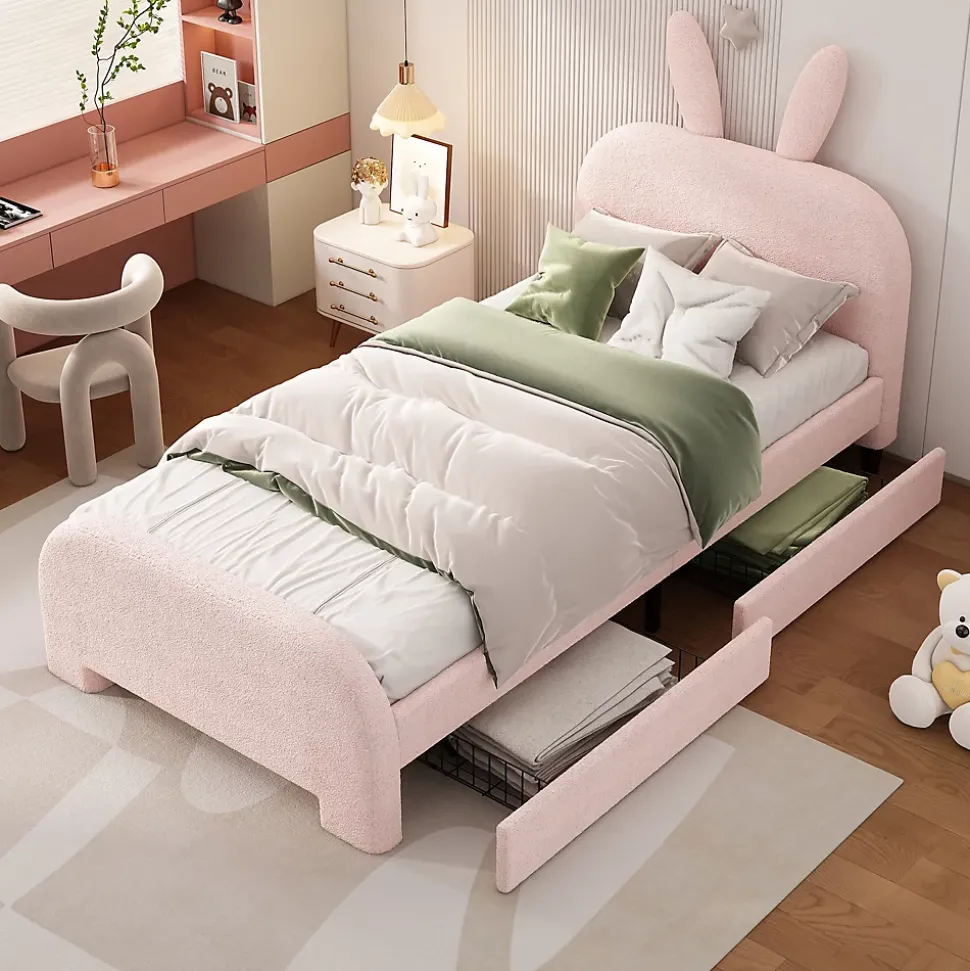 Lit avec rangement 90 x 200 cm - Lit Simple avec 2 Tiroirs - Peluche + MDF - Sans Matelas - Rose