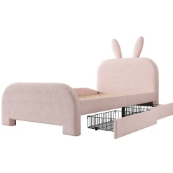 Lit avec rangement 90 x 200 cm - Lit Simple avec 2 Tiroirs - Peluche + MDF - Sans Matelas - Rose