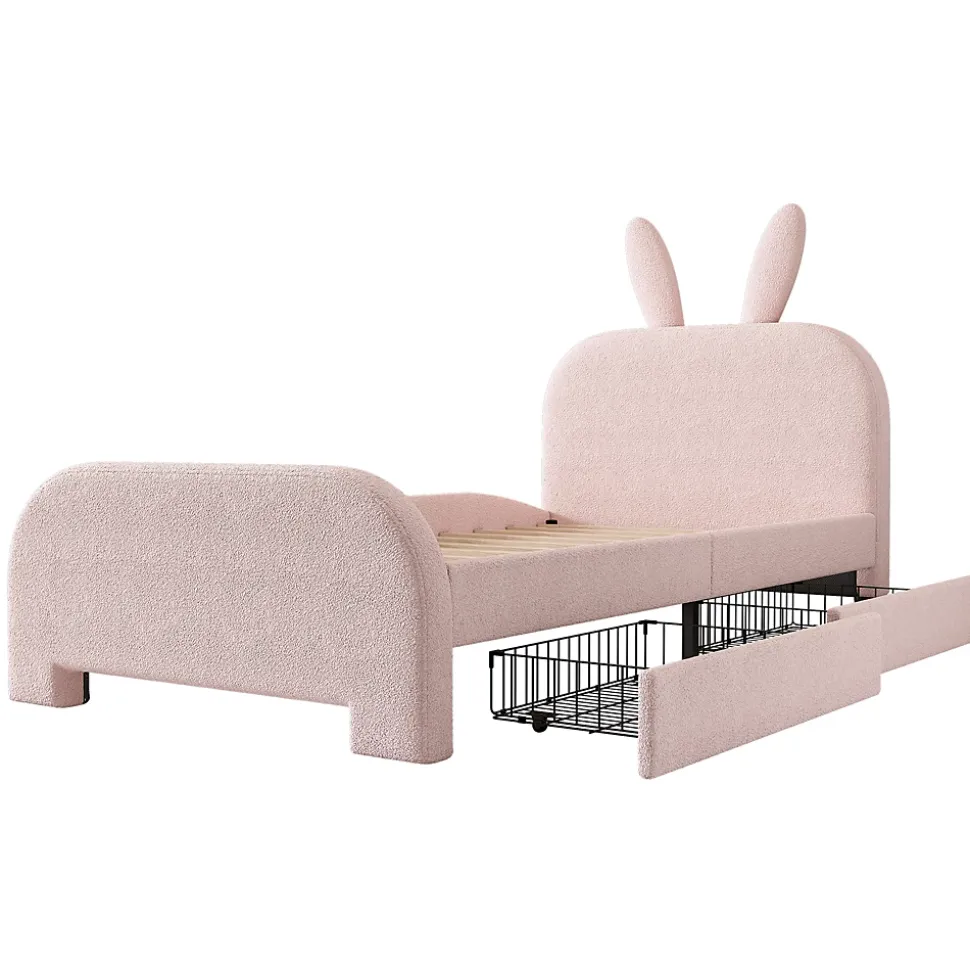 Lit avec rangement 90 x 200 cm - Lit Simple avec 2 Tiroirs - Peluche + MDF - Sans Matelas - Rose