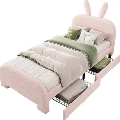Lit avec rangement 90 x 200 cm - Lit Simple avec 2 Tiroirs - Peluche + MDF - Sans Matelas - Rose