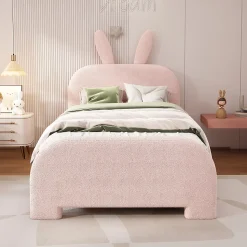 Lit avec rangement 90 x 200 cm - Lit Simple avec 2 Tiroirs - Peluche + MDF - Sans Matelas - Rose