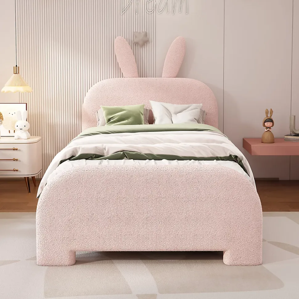 Lit avec rangement 90 x 200 cm - Lit Simple avec 2 Tiroirs - Peluche + MDF - Sans Matelas - Rose