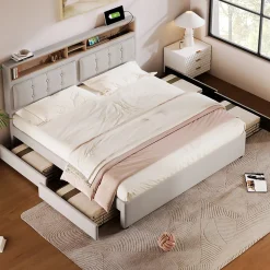 Lit avec rangement 160 x 200 cm - Lit double avec 4 tiroirs et tête de lit réglable - Avec Matelas - Beige