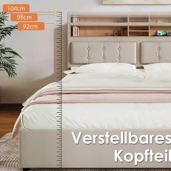 Lit avec rangement 160 x 200 cm - Lit double avec 4 tiroirs et tête de lit réglable - Avec Matelas - Beige