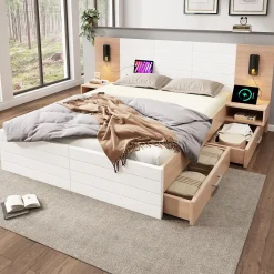 Lit avec rangement 140 x 200 cm - Lit Double avec Lampes et USB - Bois MDF - Sans Matelas - Blanc Chêne