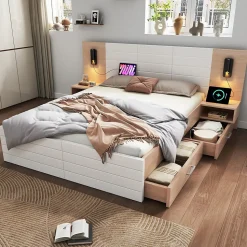 Lit avec rangement 140 x 200 cm - Lit Double avec Lampes et USB - Bois MDF - Sans Matelas - Blanc Chêne
