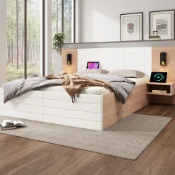 Lit avec rangement 140 x 200 cm - Lit Double avec Lampes et USB - Bois MDF - Sans Matelas - Blanc Chêne