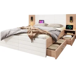 Lit avec rangement 140 x 200 cm - Lit Double avec Lampes et USB - Bois MDF - Sans Matelas - Blanc Chêne