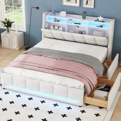 Lit avec rangement 140 x 200 cm - Lit Double avec 2 Tiroirs et Prise USB - Lin - Sans Matelas - Beige