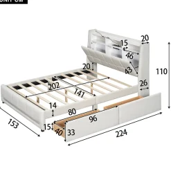 Lit avec rangement 140 x 200 cm - Lit Double avec 2 Tiroirs et Prise USB - Lin - Sans Matelas - Beige