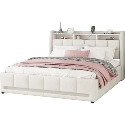 Lit avec rangement 140 x 200 cm - Lit Double avec 2 Tiroirs et Prise USB - Lin - Sans Matelas - Beige