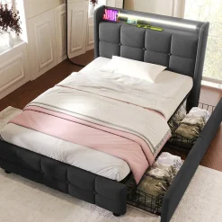 Lit avec rangement 90 x 200 cm - Lit Simple avec Tiroirs et LED - Lin Bois Métal - Sans Matelas - Gris