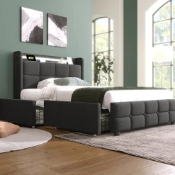 Lit avec rangement 90 x 200 cm - Lit Simple avec Tiroirs et LED - Lin Bois Métal - Sans Matelas - Gris