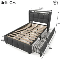 Lit avec rangement 90 x 200 cm - Lit Simple avec Tiroirs et LED - Lin Bois Métal - Sans Matelas - Gris