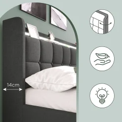 Lit avec rangement 90 x 200 cm - Lit Simple avec Tiroirs et LED - Lin Bois Métal - Sans Matelas - Gris