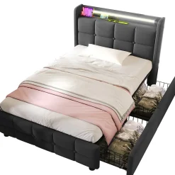 Lit avec rangement 90 x 200 cm - Lit Simple avec Tiroirs et LED - Lin Bois Métal - Sans Matelas - Gris